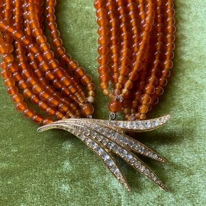 Multi-Strand Amber Glass Bead Necklace with Gold Rhinestone Clasp
